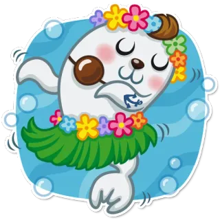 💃 anjing laut, hewan, lucu, kartun, hawaii, hula, bunga whatsapp sticker