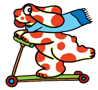 😋 chien, scooter, dessin animé, animal, points rouges, écharpe bleue whatsapp sticker