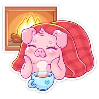 ☺️ cerdo, lindo, acogedor, invierno, chimenea, té, kawaii telegram sticker