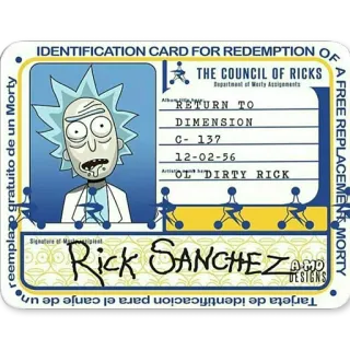 💳 Rick Sanchez Rick and Morty Tarjeta de identificacion para el canje de un
reemplazo gratuito de un Morty
IDENTIFICATION CARD FOR REDEMPTION OF
THE COUNCIL OF RICKS
Department oferty
RETURN TO
DIMENSION
C-137
12-02-56
OTDIRTY RICK
Rick SANCHEZ
A FREE REPLACEMENT MORTY Rick and Morty, Kartun, Dewan Rick, Kartu Identitas, Dimensi C-137 telegram sticker