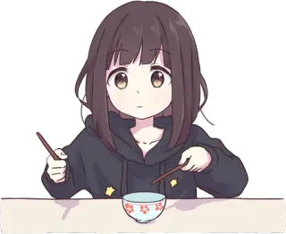 😶 Anime, Fille, Manger, Baguettes, Bol, Mignon telegram sticker