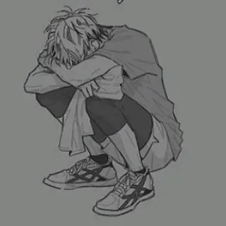 🦉 Anime, Jongen, Verdrietig, Gehurkt, Monochroom telegram sticker