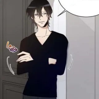 🌚 lean pria, anime, kartun, rambut hitam, senyum sinis, dalam ruangan telegram sticker