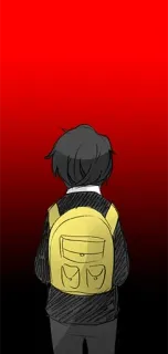 1⃣ persona, zaino, sfondo rosso, vista posteriore, zaino giallo, ragazzo, stile anime, stile cartone animato telegram sticker