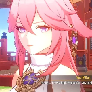 😏 Yae Miko Hmm... I have high hopes for you, child. anime, video game, girl, pink hair, yae miko, genshin impact telegram sticker