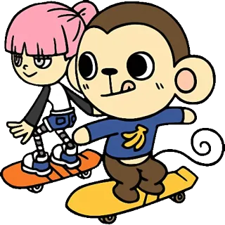 🐵 cartoon, monkey, skateboard, girl, pink hair telegram sticker