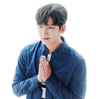 🙏 homem, ator, coreano, retrato, camisa jeans, saudação whatsapp sticker
