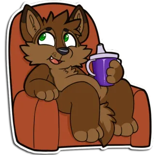 🥱 furry, wolf, anthropomorphic, sippy cup, armchair, cute, relaxing, cartoon telegram sticker