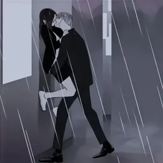 📍 coppia, bacio, amore, pioggia, romantico, scala di grigi, stile anime telegram sticker