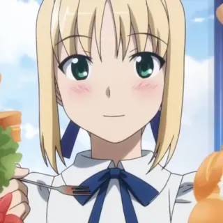 💙 Saber Fate/Stay Night Anime, Dibujo animado, Personaje, Femenino, Sonriendo, Comida, Comiendo, Sonrojo telegram sticker