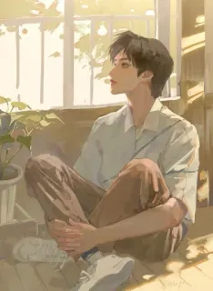🚬 Mann, sitzen, Fenster, drinnen, Pflanze, nachdenklich, Porträt whatsapp sticker
