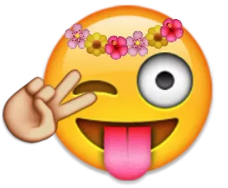 😜 emoji, peace sign, winking, flower crown, cartoon, smiley whatsapp sticker