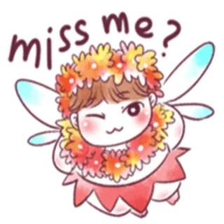 😉 miss me? fada, kawaii, fofo, asas, desenho animado, coroa de flores telegram sticker