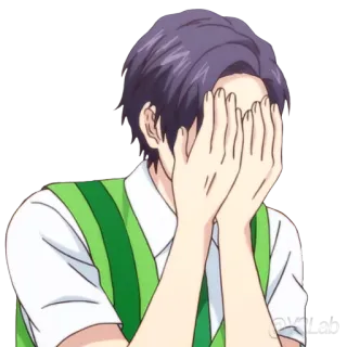 😂 anime, embarrassed, man, purple hair, hands telegram sticker