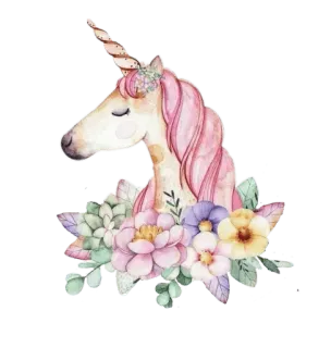 🦄 ยูนิคอร์น, ลายดอกไม้, แฟนตาซี, เวทมนตร์, สีชมพู, ดอกไม้, สีน้ำ telegram sticker