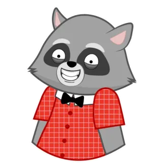 😁 guaxinim, animal, desenho animado, personagem, gravata borboleta, camisa vermelha, cinza, mamífero telegram sticker