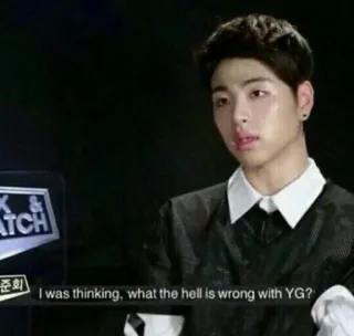 ✨ I was thinking, what the hell is wrong with YG? kpop, интервью, знаменитость, смешное, мем telegram sticker