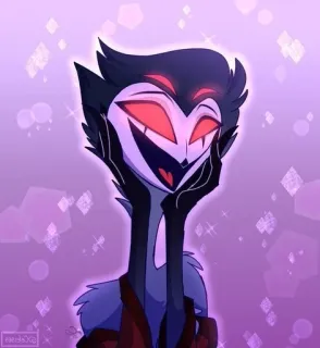 💗 Stolas Helluva Boss animacja, demon, kreskówka, sowa, uśmiechnięty, fioletowe tło telegram sticker