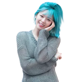 😁 wanita, potret, tersenyum, k-pop, rambut biru, sweter, orang, selebriti telegram sticker