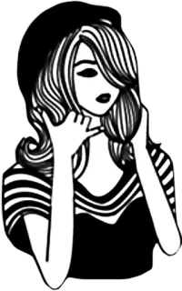 👂 vrouw, meisje, illustratie, tekening, hoed, gestreept shirt, telefoon gebaar telegram sticker