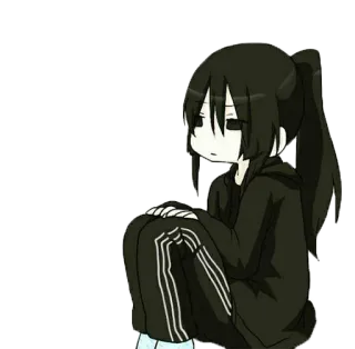 😑 anime, girl, sad, black hair, chibi, sitting whatsapp sticker