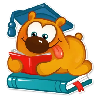🎓 cane, leggere, libro, animale, cartone animato, felice, laurea, istruzione telegram sticker