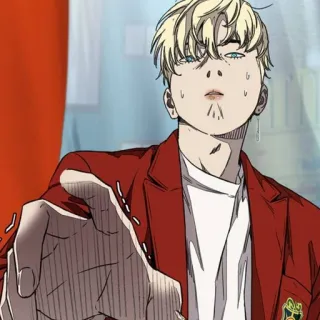 🍸 Anime, Personaje, pelo rubio, chaqueta roja whatsapp sticker