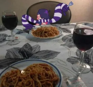 😖 spaghetti, dinner, wine, cartoon, table telegram sticker