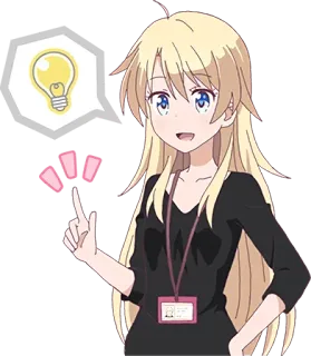 💡 Anime, Dibujo animado, Bombilla, Idea, Mujer, Mujer, Pelo rubio, Pensando telegram sticker