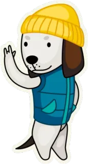 🤘 หมา, การ์ตูน, สัตว์, สติกเกอร์, หมวกสีเหลือง, เสื้อกั๊กสีฟ้า telegram sticker