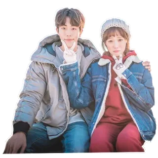 ✌️ couple, hiver, veste, signe de paix, jeunesse, mode, extérieur telegram sticker