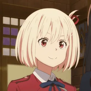 😒 Chisato Nishikigi Lycoris Recoil アニメ, キャラクター, 金髪, 可愛い, 笑顔, 女の子, リコリス・リコイル telegram sticker