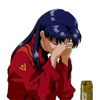 🙍 Misato Katsuragi Neon Genesis Evangelion Anime, Sedih, Misato, Evangelion, Minum, Lelah telegram sticker