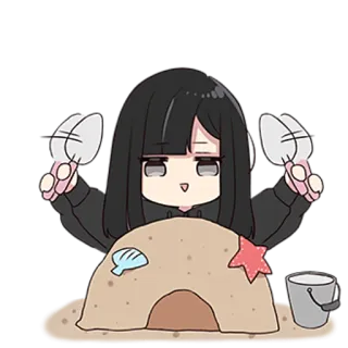 😊 gadis anime, pantai, kastil pasir, imut, chibi, kartun telegram sticker