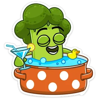 🛀 Brócolis, Desenho animado, Vegetal, Coquetel, Banho, Fofo, Comida, Pato, Relaxante whatsapp sticker