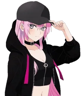 π§ anime, pink hair, girl, hoodie, black, hat, character telegram sticker