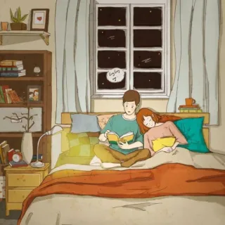 💕 longing for pareja, leyendo, hora de dormir, noche, amor, romántico, dormitorio, ilustración telegram sticker