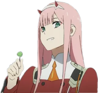 🍭 Zero Two Darling in the Franxx Anime, Zero Two, Darling in the Franxx, Chupa-chupa, Desenho animado, Personagem, Cabelo rosa telegram sticker