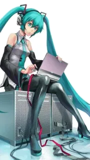 💻 Hatsune Miku Anime, Vocaloid, Hatsune Miku, Chica, Ordenador, Ilustración telegram sticker
