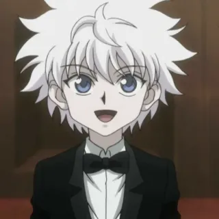 🌑 Killua Zoldyck Hunter x Hunter 애니메이션, 소년, 턱시도, 흰 머리, 미소, 아이 telegram sticker