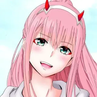 😊 Zero Two Darling in the Franxx Anime, Zero Two, Darling in the Franxx, Karakter, rambut pink, tanduk telegram sticker
