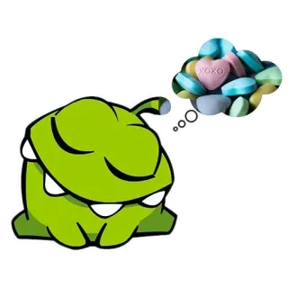 🐸 Om Nom Cut the Rope XOXO Ом Ном, Cut the Rope, конфета, XOXO, сердечко конфета, сон, мультфильм, зеленый монстр telegram sticker