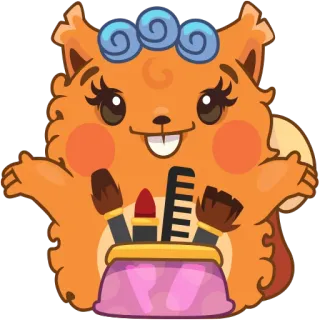 💅 การ์ตูน, กระรอก, แต่งหน้า, เครื่องสำอาง, ความงาม, ผม, แปรง telegram sticker
