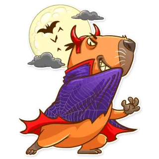 😈 คาปิบารา, ฮาโลวีน, ปีศาจ, ค้างคาว, สัตว์ประหลาด, น่ากลัว, การ์ตูน telegram sticker