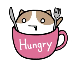 😟 Hungry gato, faminto, fofo, xícara, colher, garfo, comida telegram sticker