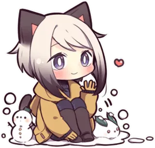 👋 animé, oreilles de chat, mignon, chibi, hiver, kawaii, bonhomme de neige, lapin whatsapp sticker