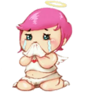 😭 ange, pleurer, triste, dessin animé, auréole, cheveux roses telegram sticker