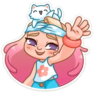 👋 mignon, fille, chat, dessin animé, cheveux roses telegram sticker