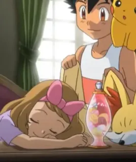 😴 Ash Ketchum Pokemon покемон, аниме, мультфильм, пикачу, эш кетчум, серена, феннекин whatsapp sticker