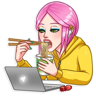 🍽 woman, noodles, laptop, eating, pink hair, food, ramen, working, computer telegram sticker